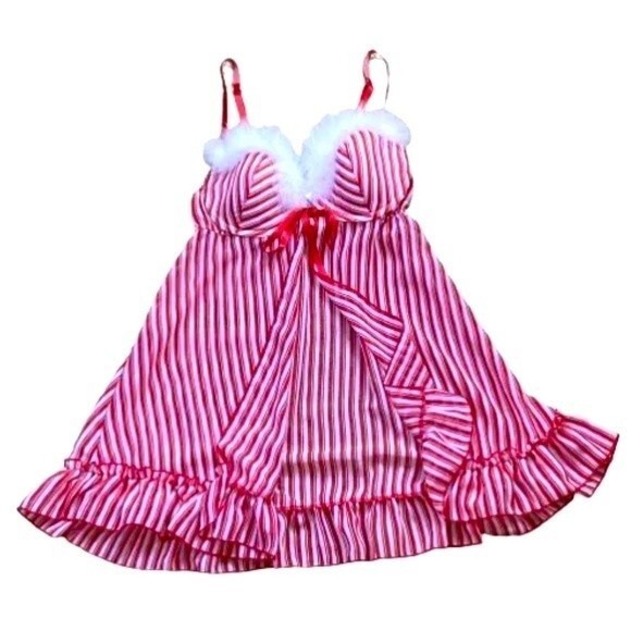 Inner Secrets Red White Stripe Feather Trim Babydoll Nightie Lingerie Sz S - Picture 3 of 12